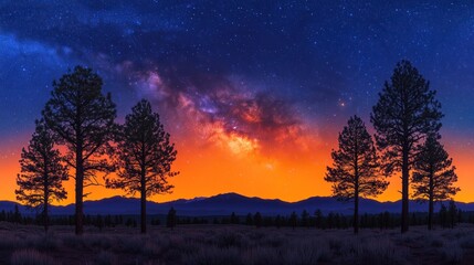 Obraz premium Milky Way galaxy panorama over silhouette pine trees at sunset.