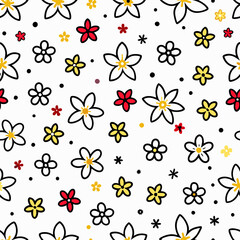 Seamless pattern with simple flowers in white, yellow and red.