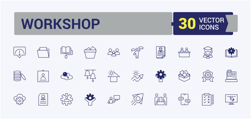Training and Workshop line icons set. Related to activity, work, coaching, teamwork, job, e learning, education and more. Outline icon collections. Editable vector illustration.