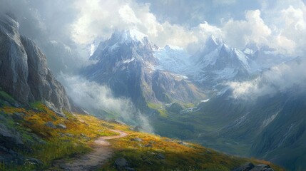 Obraz premium A remote mountain pass with steep cliffs, a narrow trail, and a distant view of snow-capped peaks under a cloudy sky