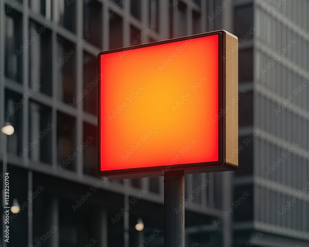 Aufkleber a bright red square sign stands against a modern building, creating a striking contrast in urban arc