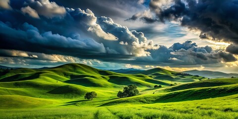 Obraz premium Serene Silhouette of Foothills Blanketed in Lush Green Grass Beneath Dramatic Cloudy Skies, Capturing Nature's Tranquility and Grandeur in a Stunning Landscape Scene