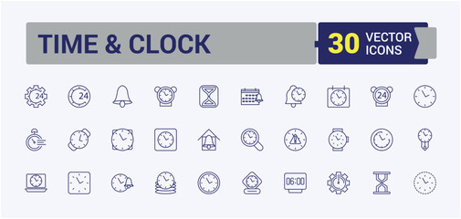 Time And Clock linear icon collection. Includes thin line hourglass, timer, speed, watch, number, management, alarm and more. Simple icon designs. Editable stroke. Vector illustration.