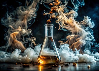 Shattered Chemistry Flask Surrounded by Smoke and Chaos on Dark Background - Capturing the Intensity of Scientific Experiments in Tilt-Shift Photography