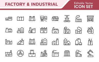 Factory Icon Set. A dynamic collection of icons representing manufacturing and industrial processes, perfect for engineering sectors to convey efficiency and innovation.