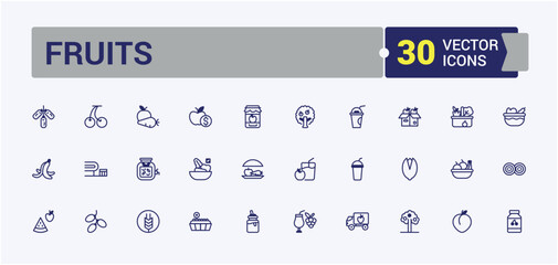 Naklejka premium Fruits icons set in line style. It contains symbols to vitamin, pomegranate, mango, apple, jackfruit and more. Pixel perfect. Editable vector icon and illustration.