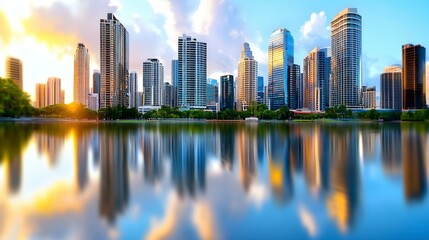 Fototapeta premium Stunning Urban Skyline Reflection During Golden Hour in City