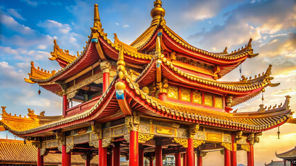 Traditional Chinese temple under evening sky