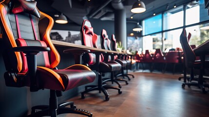 Obraz premium Gaming Cafe Interior: Modern Esports Lounge with Ergonomic Chairs