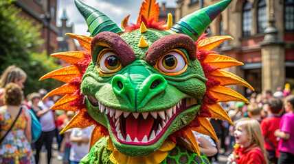 Fototapeta premium Green dragon mask worn by participant in festival