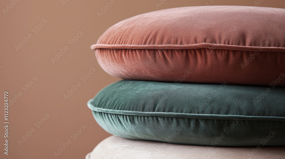 Poster soft velvet cushions in earthy tones are stacked artfully, showcasing texture and color against a wa