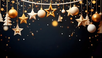 Festive hanging ornaments with golden and white stars, trees, and shimmering decorations.