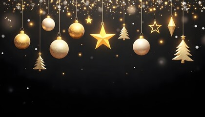 Festive hanging ornaments with golden and white stars, trees, and shimmering decorations.