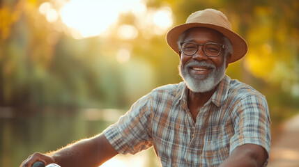 Obraz premium A cheerful, dark-skinned elderly man wearing a straw hat and plaid shirt smiles as he enjoys a relaxing moment outdoors on a quiet riverside as the sun sets.