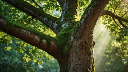 Fototapeta premium Hand cradling massive tree with green leaves, sturdy trunk. Sustainability, environmental awareness, care and protection