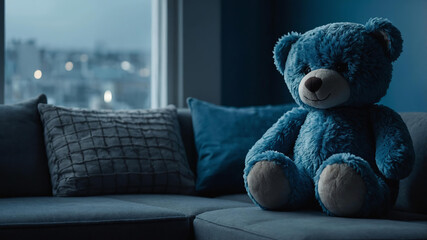 Blue plush teddy toy bear sitting alone on couch. Feeling of sad and isolation. Essence of Blue Monday