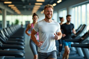 Happy man enjoying a cardio workout on a treadmill at a bright and spacious gym