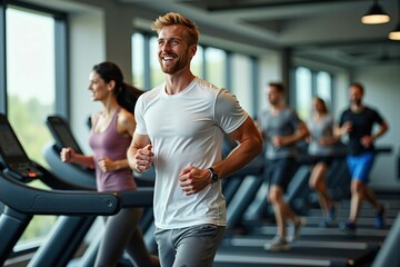 Happy man enjoying a cardio workout on a treadmill at a bright and spacious gym