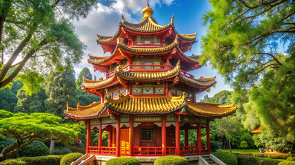 Traditional Chinese pagoda surrounded by lush greenery