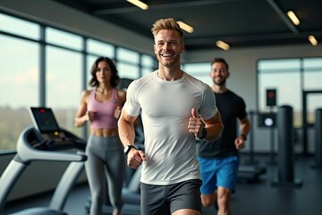 Naklejka premium Focused man and group of gym-goers working out on treadmills for a healthy lifestyle