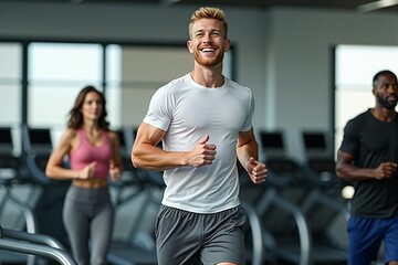 Focused man and group of gym-goers working out on treadmills for a healthy lifestyle