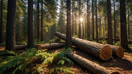 Fototapeta premium Forest featuring tall pine and spruce trees, with large pile of freshly cut log trunks. Deforestation