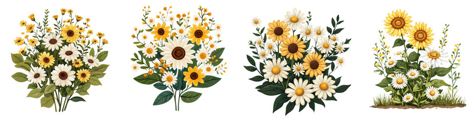 Naklejka premium Vibrant and cheerful bouquet of sunflowers and daisies blooming in a lush natural meadow setting The colorful floral arrangement creates a serene and picturesque countryside scene