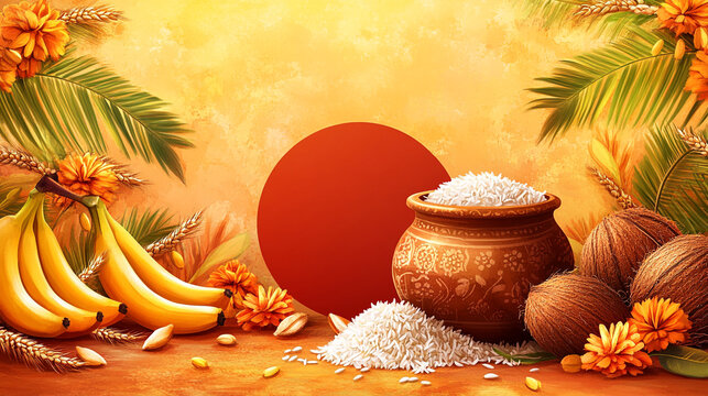 Pongal Social Media Poster Featuring Traditional Festive Elements and Copyspace for Personalized Messages and Greeting