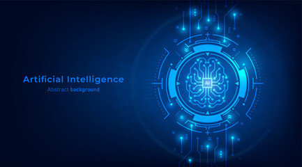 Concept of Artificial intelligence. AI digital brain icon on frames HUD futuristic style on a dark blue background. Futuristic technology background. Vector illustration for banner and web template.