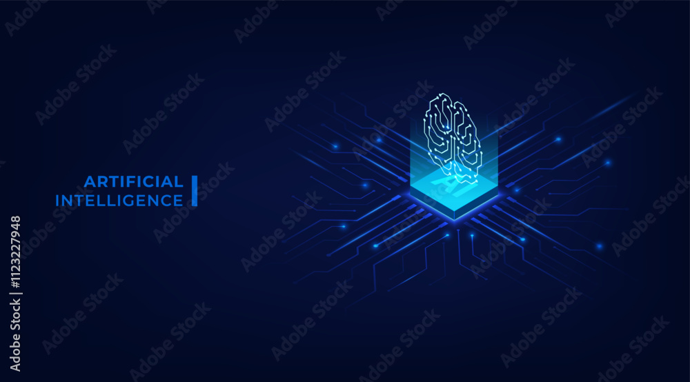 Poster Concept of Artificial intelligence. 3D artificial intelligence chip on circuit board. Isometric technology background. Vector illustration for banner and web template.