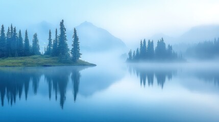 Misty mountain lake with reflections of evergreen trees.