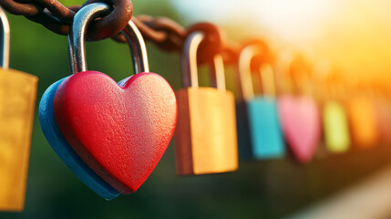 Colorful Heart Shaped Lock Hanging Among Various Padlocks on a Chain in Warm Sunset Light