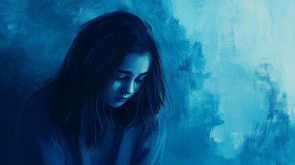 Fototapeta premium A sad young girl crying against a blue background, illustrating grief and emotional loss in a mental health theme. 