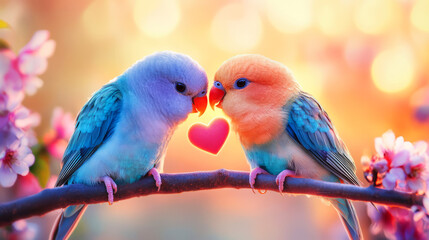 Obraz premium Colorful Birds Sharing a Romantic Moment in a Blooming Spring Garden with Soft Bokeh Background