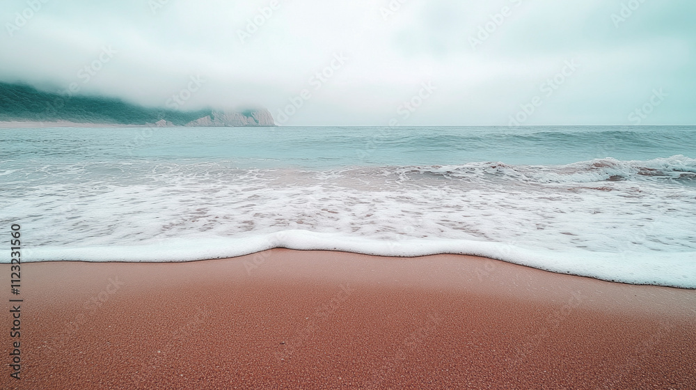 Poster waves softly lap at the brown sand of the beach, creating a tranquil atmosphere under a cloudy sky w