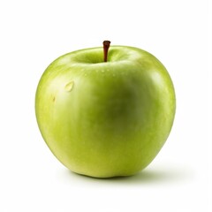 A fresh, green apple with a red stem, isolated on a white background.
