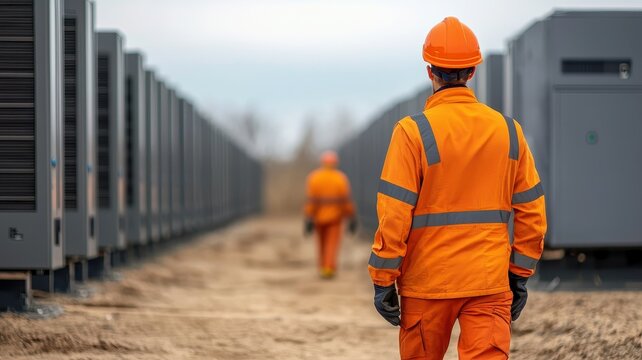 Workers in orange safety gear inspecting electrical installations outdoors.