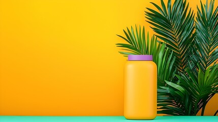 Tropical Sun Protection: A vibrant yellow sunscreen bottle stands tall against a sunny yellow backdrop, with lush palm fronds framing the scene. Perfect for summer skincare and sun safety promotions.