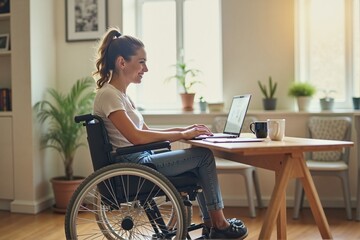 Smiling Woman in a Wheelchair Working on a Laptop at Home