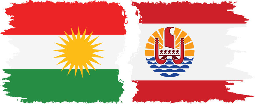 French Polynesia and  Kurdistan grunge flags connection, vector