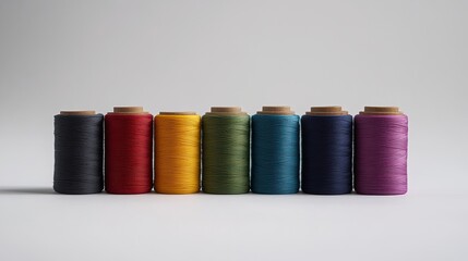 Close up still life detail of colorful thread spools black, grey, red, yellow, green, blue, purple, brown isolated on white background.