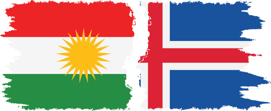 Iceland and  Kurdistan grunge flags connection, vector