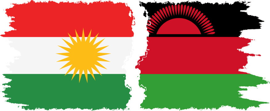Malawi and  Kurdistan grunge flags connection, vector