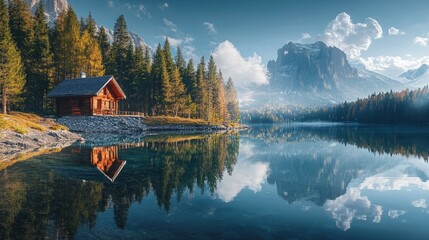 Obraz premium A serene alpine lake surrounded by towering pine trees, with a small wooden cabin on the shore and a mountain reflected in the clear water.