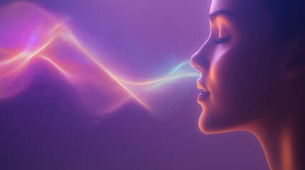 Obraz premium A serene profile of a woman exhaling luminous particles, surrounded by a purple gradient, symbolizing energy and creativity.