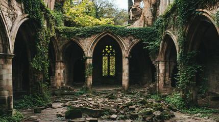 A crumbled cloister with arches consumed by ivy, the ground littered with rubble.