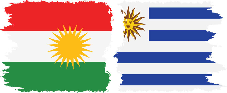 Uruguay and  Kurdistan grunge flags connection, vector