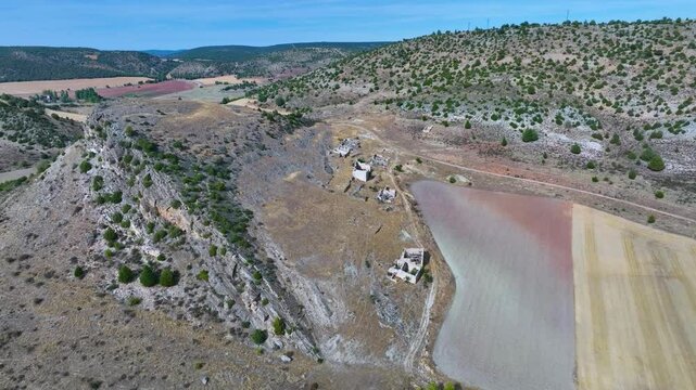 Salinas de Armall&aacute; in the municipality of Tierzo on the Camino del Cid. Aerial view from a drone. Molina Alto Tajo Geopark. Alto Tajo Natural Park. Guadalajara. Castilla la Mancha. Spain. Europe.