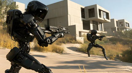 Artistic Representation of AI Powered Machines in Futuristic Landscape