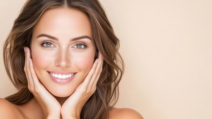 Naklejka premium A woman with long brown hair smiles gently, resting her hands under her chin against a soft beige background